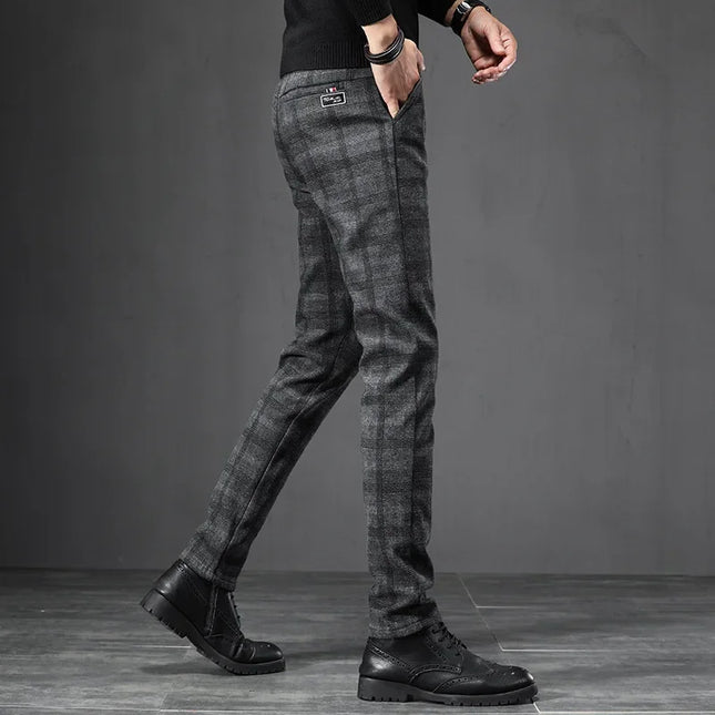 Men's Slim Fit Elastic Waist Brushed Plaid Pants