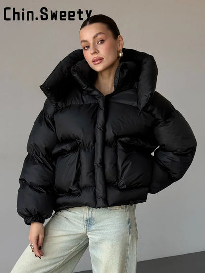 Women's Hooded Puffer Jacket with Stand Collar and Zipper Closure
