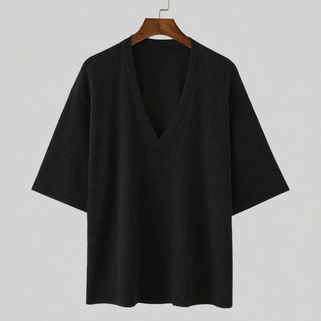Men's V-Neck Short Sleeve Casual Slim Fit Ribbed T-Shirt
