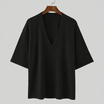 Men's V-Neck Short Sleeve Casual Slim Fit Ribbed T-Shirt