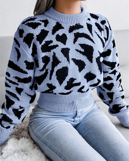 Women's Long Sleeve Knitted Sweater with Leopard Print