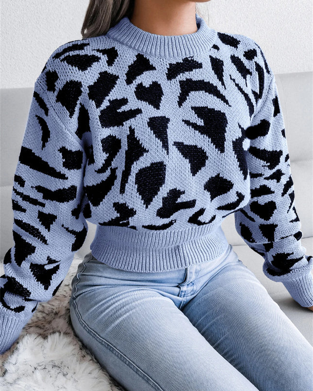 Women's Long Sleeve Knitted Sweater with Leopard Print