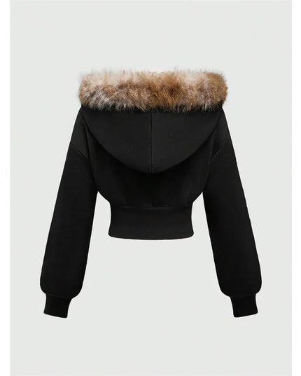 Gothic Print Women's Faux Fur Crop Zip-Up Hoodie Jacket