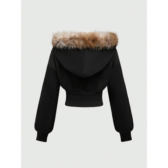 Gothic Print Women's Faux Fur Crop Zip-Up Hoodie Jacket
