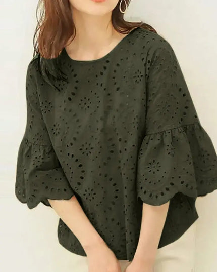 ZANZEA Women's Casual Loose Blouse with Hollow Out Lace Crochet Embroidery