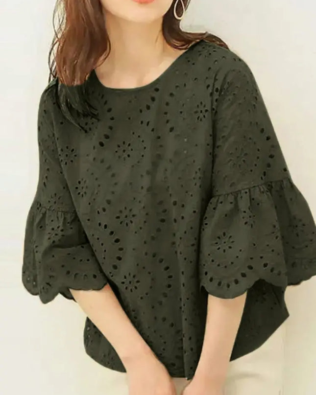 ZANZEA Women's Casual Loose Blouse with Hollow Out Lace Crochet Embroidery