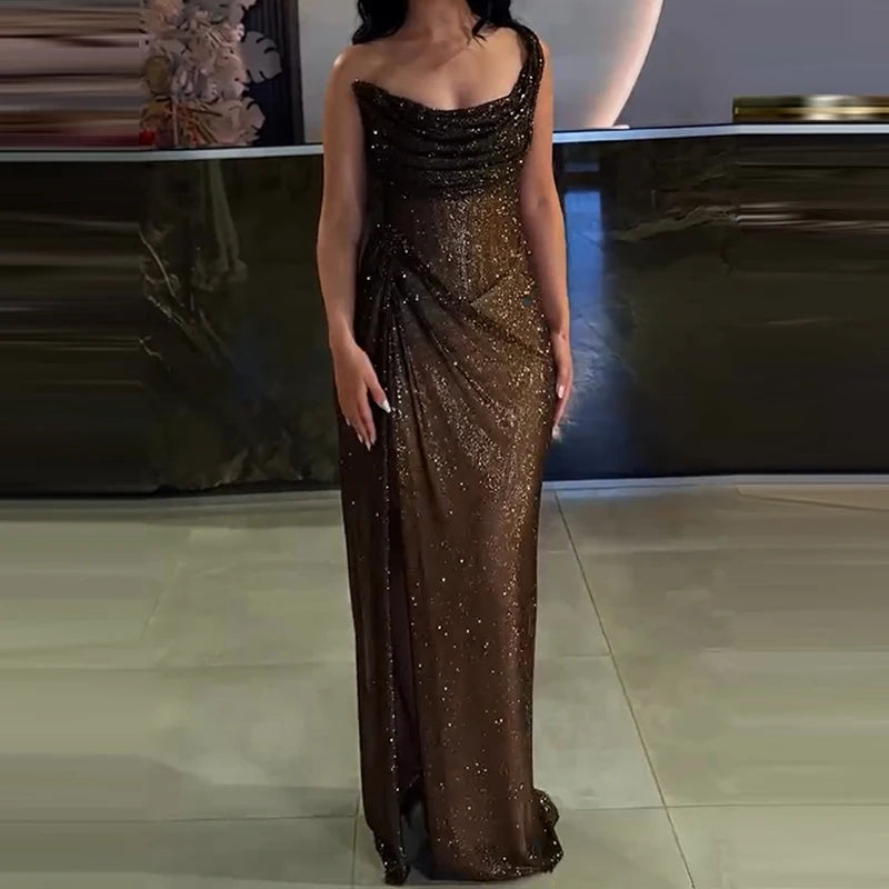 Women's Elegant One Shoulder Glitter Maxi Dress - Full Length High Split Slim Fit