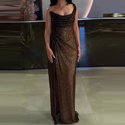 Women's Elegant One Shoulder Glitter Maxi Dress - Full Length High Split Slim Fit