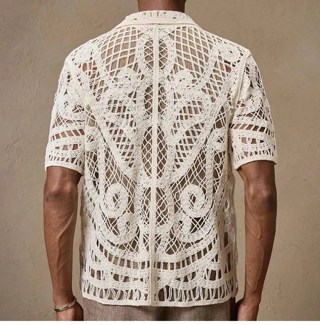 Men's Breathable Mesh Crochet Polo Shirt - Short-Sleeve Knitted Design