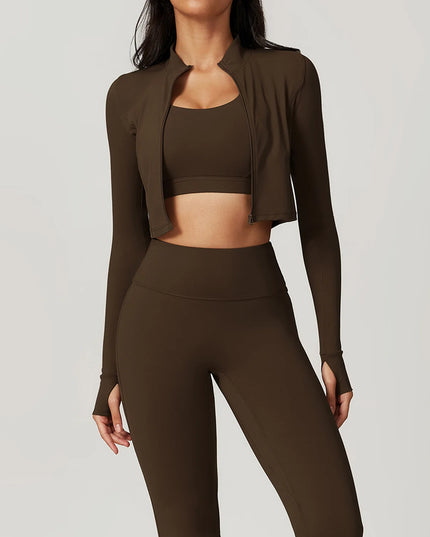 3-Piece Women's Workout Sets | Sportswear Gym Clothing with Zipper Long Sleeve Top & High-Waisted Leggings