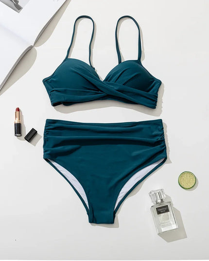High Waist Women's Bikini Swimsuit Set with Halter and Push-Up Design