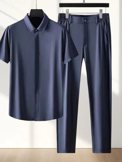 Men's Two-Piece Relaxed Ice Silk Stan Collar T-Shirt and Pants Set