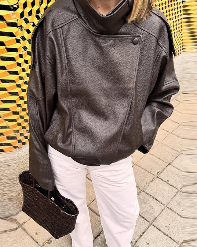 Women's Stand Collar Faux Leather Jacket with Double Button Closure