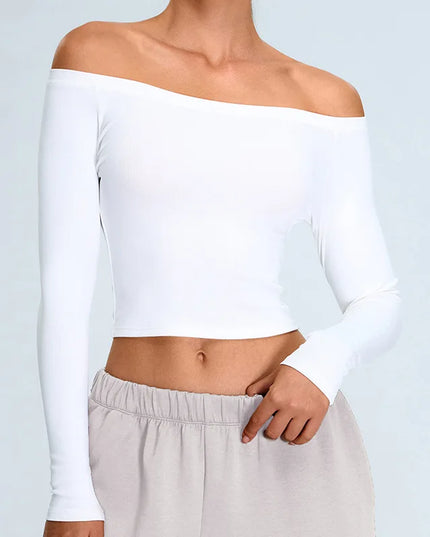 Women’s Off-Shoulder Long Sleeve Yoga Sweater - Quick-Dry, Cropped Fitness Top