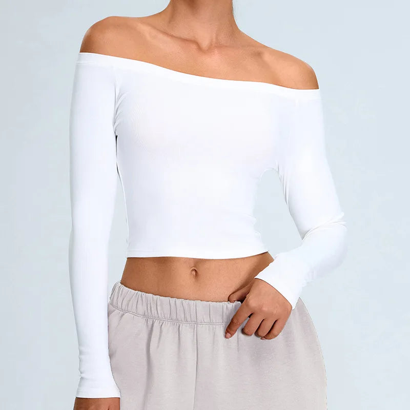 Women’s Off-Shoulder Long Sleeve Yoga Sweater - Quick-Dry, Cropped Fitness Top