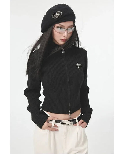 Women's Vintage Zipper Cardigan - Cropped Knit Sweater for Women