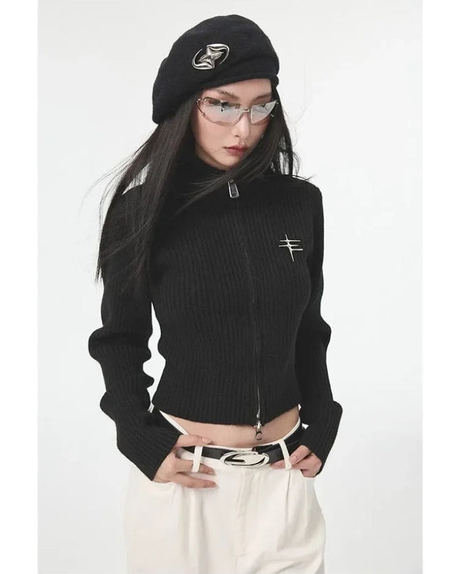Women's Vintage Zipper Cardigan - Cropped Knit Sweater for Women