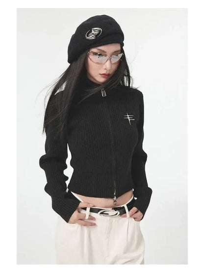 Women's Vintage Zipper Cardigan - Cropped Knit Sweater for Women
