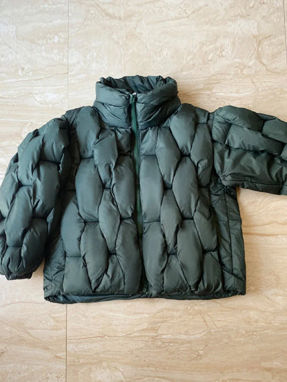 Unisex Thick Parka Jacket: Square Weave High Collar Warm Puffer Coat