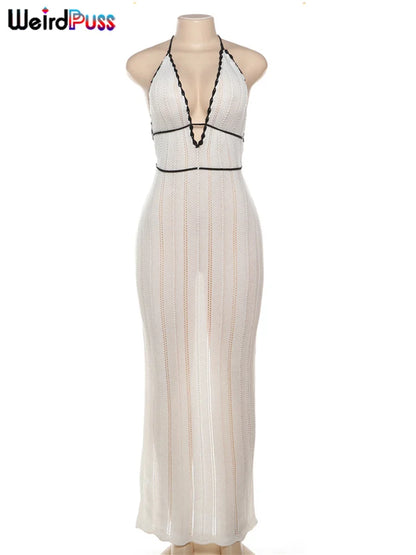 Weird Puss Elegant Halter Dress for Women - Backless Lace-Up Design