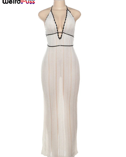 Weird Puss Elegant Halter Dress for Women - Backless Lace-Up Design