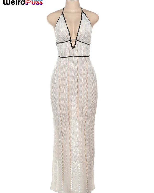 Weird Puss Elegant Halter Dress for Women - Backless Lace-Up Design