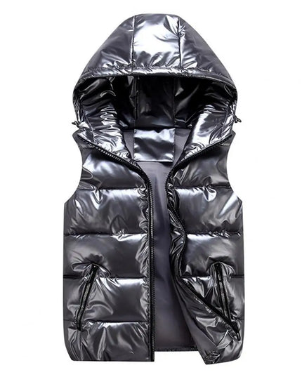 Women's Glossy Hooded Vest Jacket with Zipper Pockets - Classic Fit