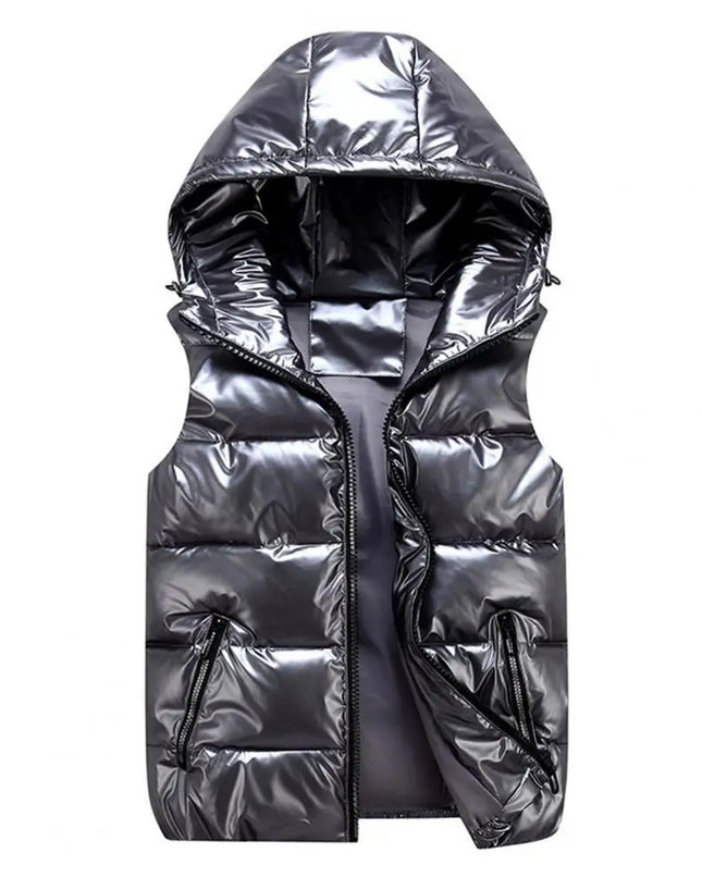 Women's Glossy Hooded Vest Jacket with Zipper Pockets - Classic Fit
