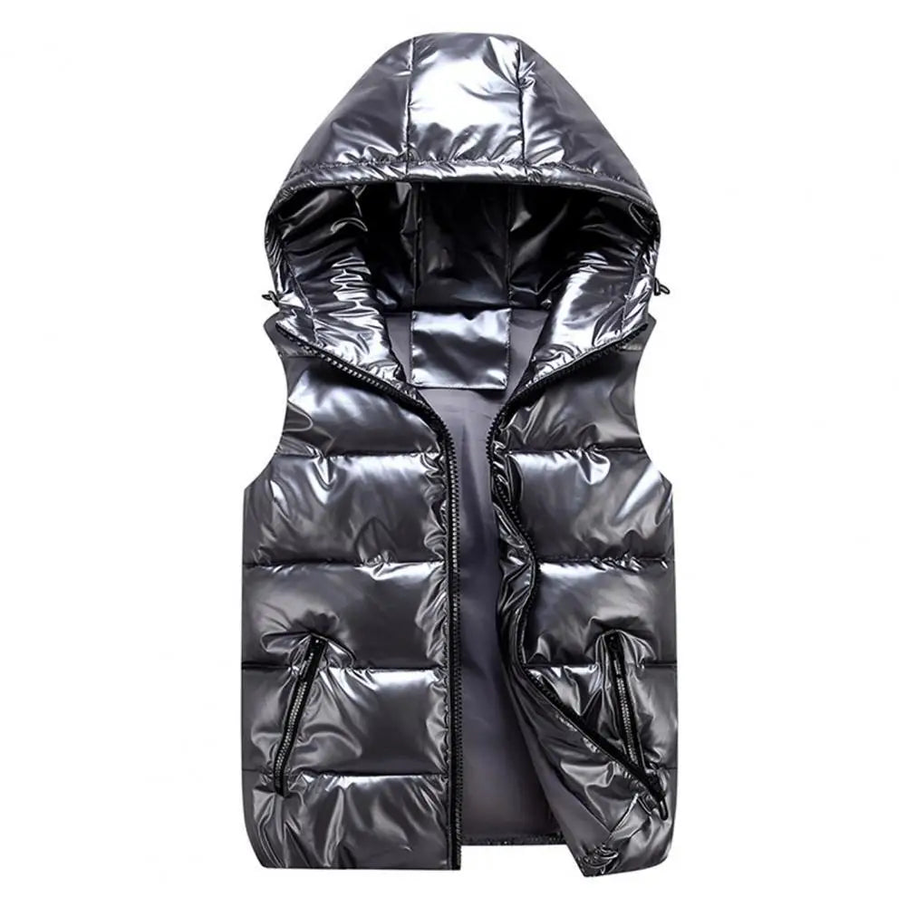 Women's Glossy Hooded Vest Jacket with Zipper Pockets - Classic Fit