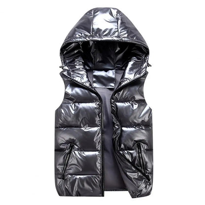 Women's Glossy Hooded Vest Jacket with Zipper Pockets - Classic Fit