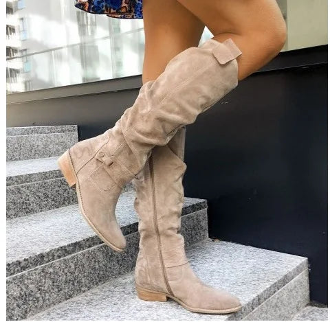 Women's Long Suede Boots with Low Heel and Side Zip - Stylish & Comfortable Footwear