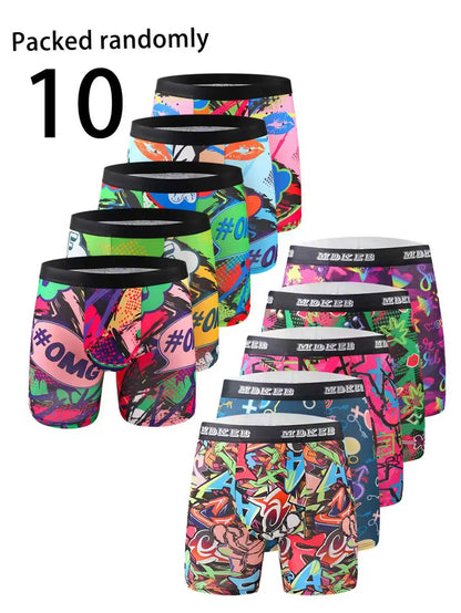 10-Pack Men's Assorted Graffiti Print Boxer Shorts - Mid-Waist Briefs