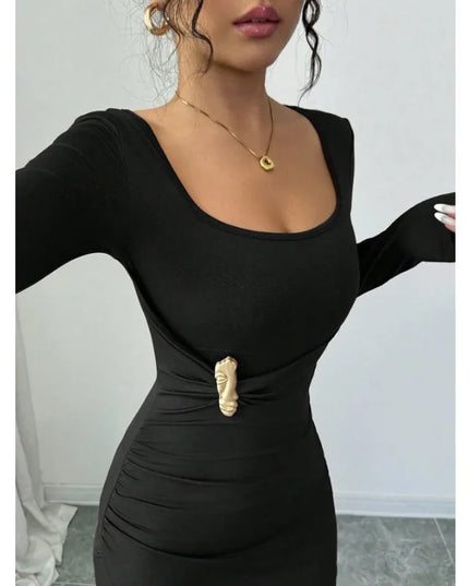 Long Sleeve Drawstring Dress for Women with Ruched High Split and Square Neckline
