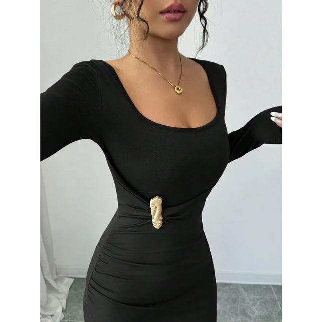 Long Sleeve Drawstring Dress for Women with Ruched High Split and Square Neckline