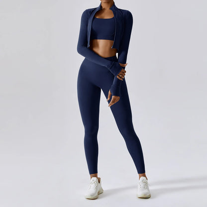 3-Piece Women's Workout Sets | Sportswear Gym Clothing with Zipper Long Sleeve Top & High-Waisted Leggings