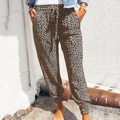 Women's Casual Lace-Up Pants in Loose Fit with Leopard Print - Various Colors