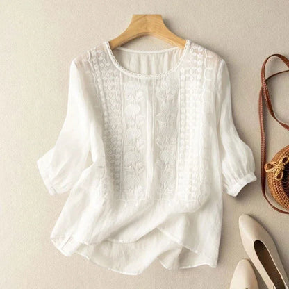 Women's Retro O-Neck Embroidered Half Sleeve Loose Casual Ruched Cotton Blouse