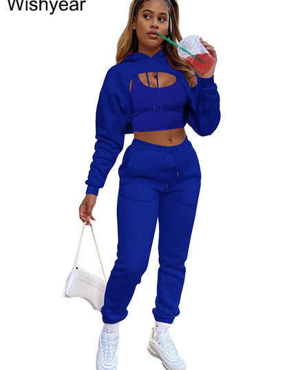 Wisyear Women's 3-Piece Velvet Tracksuit Set - Crop Hoodie, Vest, and Sweatpants Matching Outfit