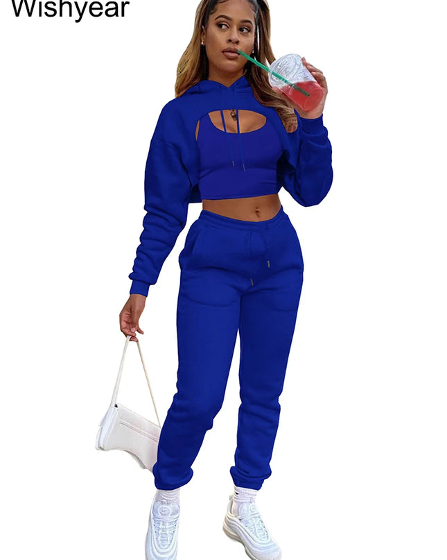 Wisyear Women's 3-Piece Velvet Tracksuit Set - Crop Hoodie, Vest, and Sweatpants Matching Outfit
