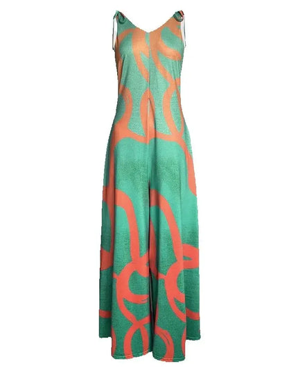 Women's Floral Print V-Neck Dress with Lace-Up Detail & Wide Leg Fit