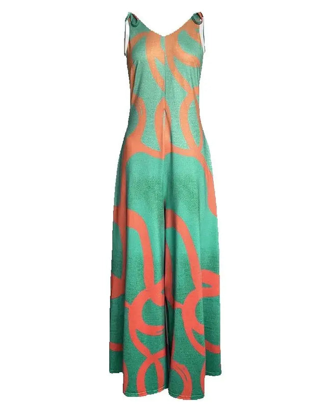 Women's Floral Print V-Neck Dress with Lace-Up Detail & Wide Leg Fit