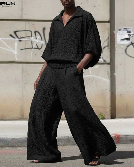 Incerun Men's Two-Piece Oversized Set: Lapel 3/4 Sleeve Shirt and Wide-Leg Pants