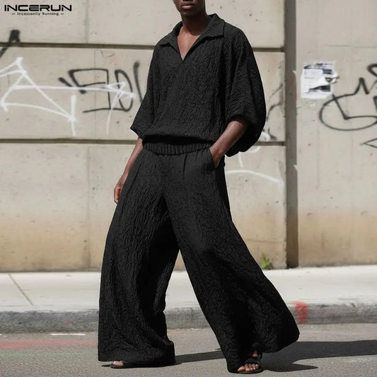 Incerun Men's Two-Piece Oversized Set: Lapel 3/4 Sleeve Shirt and Wide-Leg Pants