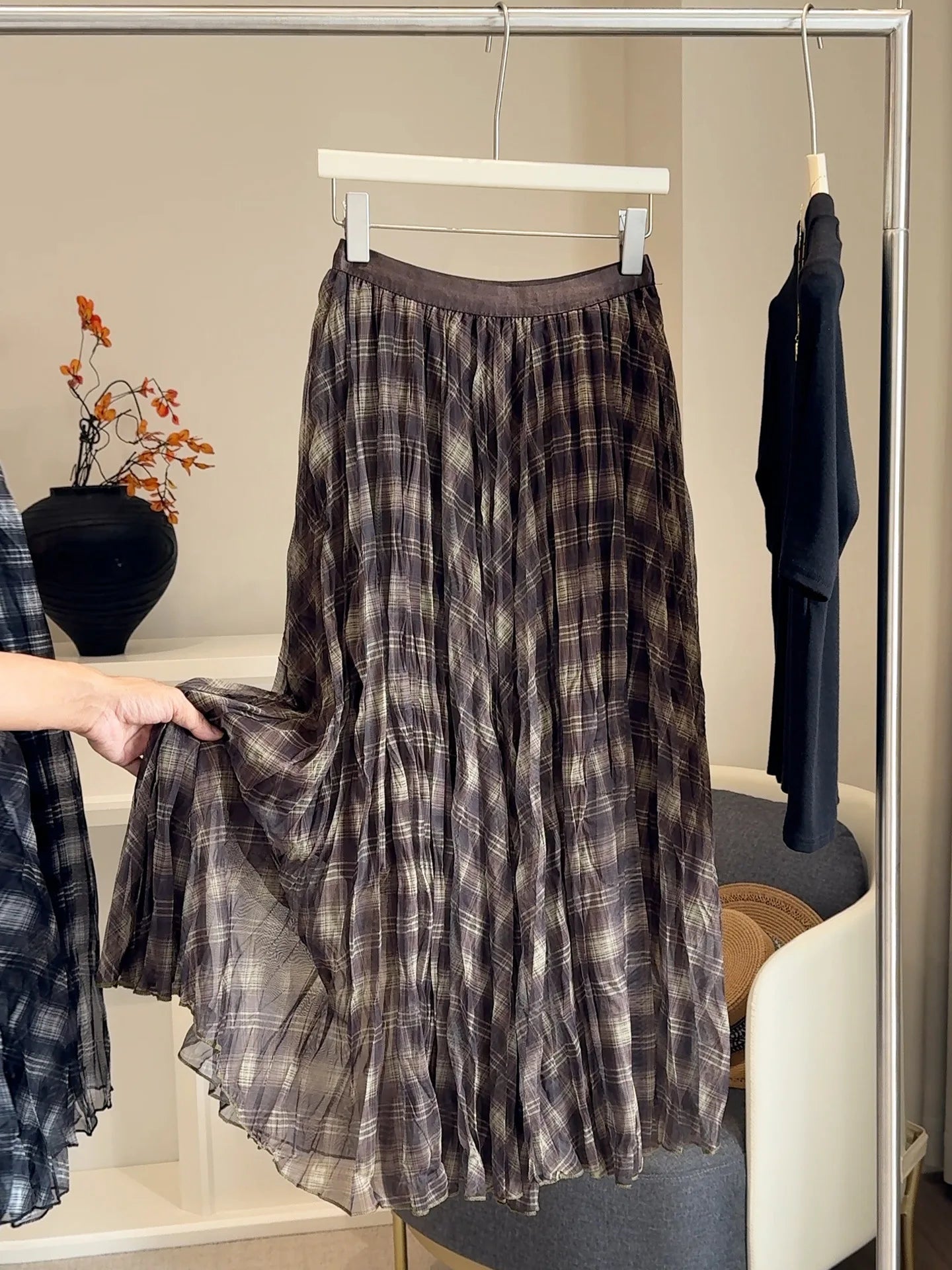 High-Waisted Mesh Splicing Plaid Midi Skirt for Women - Drape, Pleated, Loose Fit