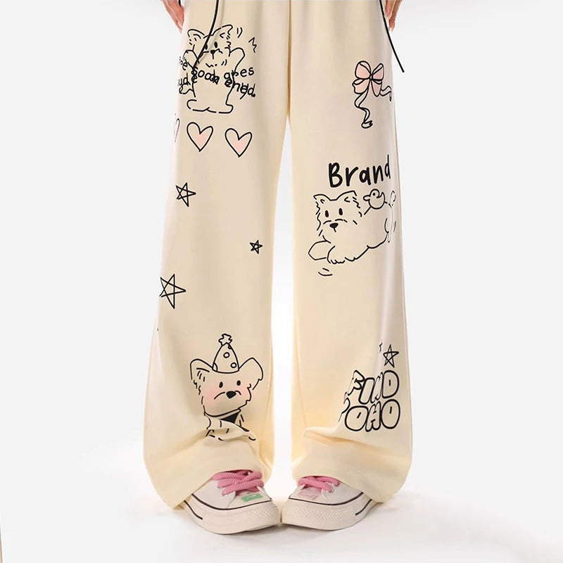 Women's Hand-Painted Loose Fit Straight Sweatpants - Elastic High-Waist with Drawstring