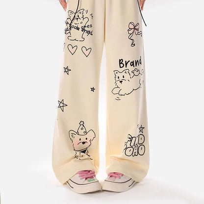 Women's Hand-Painted Loose Fit Straight Sweatpants - Elastic High-Waist with Drawstring