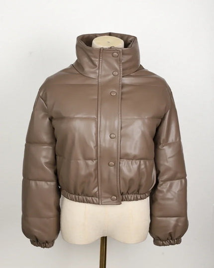 Women's Short PU Leather Parka -  Cotton Padded Down Jacket