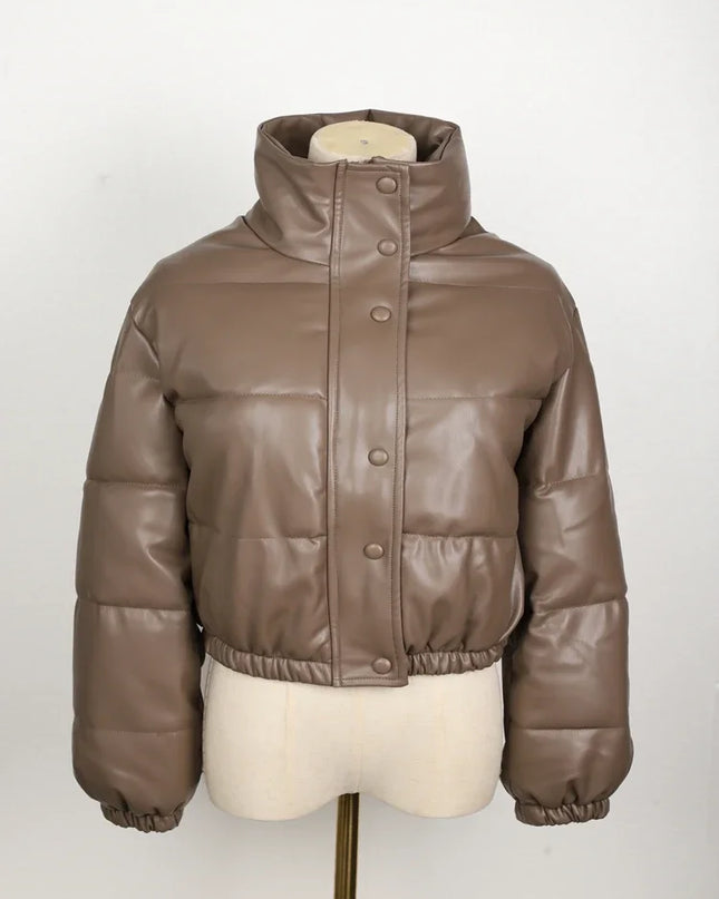 Women's Short PU Leather Parka -  Cotton Padded Down Jacket