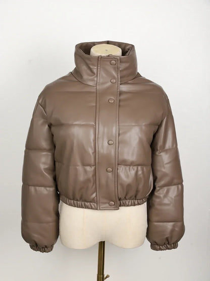 Women's Short PU Leather Parka -  Cotton Padded Down Jacket
