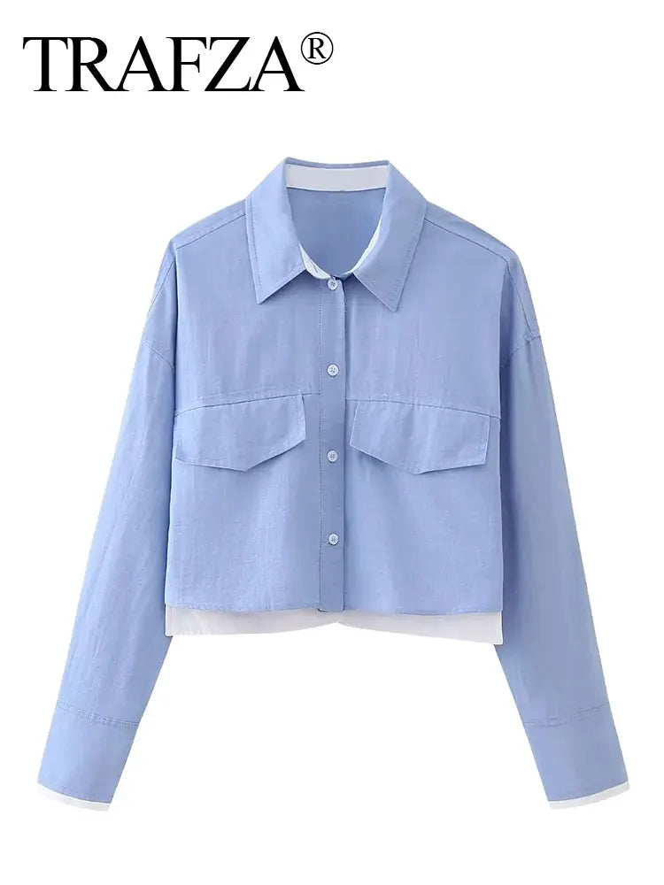 TRAFZA Women’s Cropped Button-Up Shirt
